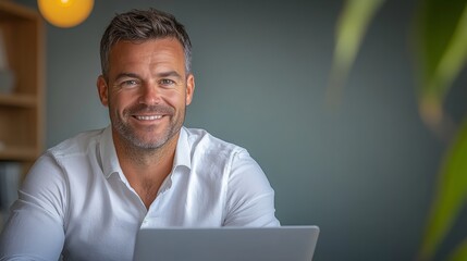 Poster - Man is sitting at a table with a laptop in front of him. He is smiling and he is happy
