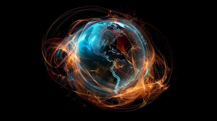 Poster - A 3D rendering of a glowing, blue and orange, digital representation of the Earth.