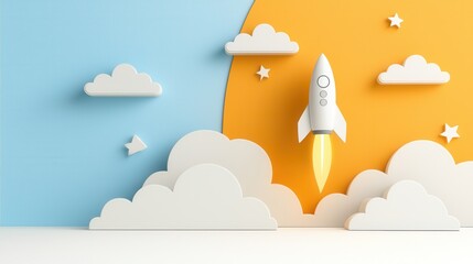 Poster - Rocket launch against colorful sky background representing economic growth business success and innovative technology  Concept of future