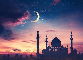 Poster - eid al-fitr background with mosque silhouettes against the sky at sunset, crescent moon and stars, c