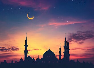 Poster - eid al-fitr background with mosque silhouettes against the sky at sunset, crescent moon and stars, c