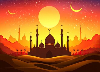 Poster - eid al-fitr background with mosque silhouettes against the sky at sunset, crescent moon and stars, c