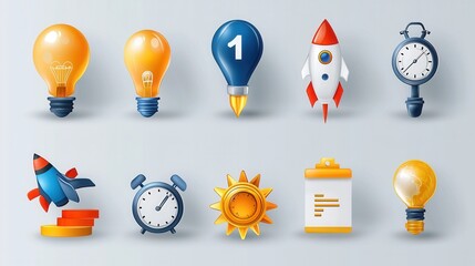 Poster - Comprehensive set of 15 productivity and efficiency icons including light bulb rocket clock sun book and calendar symbols representing essential business technology and educational concepts