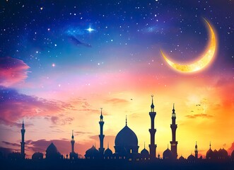 Poster - eid al-fitr background with mosque silhouettes against the sky at sunset, crescent moon and stars, c