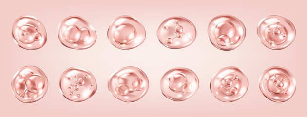 Microscopic view of collagen molecules realistic color icons set. Serum bubbles for skincare cosmetics 3d objects bundle on pink background