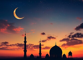 Poster - eid al-fitr background with mosque silhouettes against the sky at sunset, crescent moon and stars, c