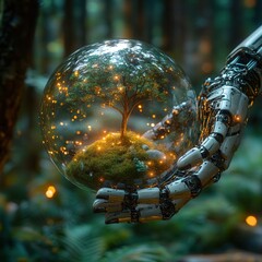Poster - A futuristic imaginative depiction of a metallic robotic hand gently cradling a glowing transparent sphere that contains a mystical tree