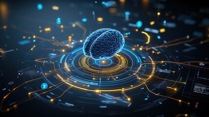 Poster - Futuristic Brain Featuring Luminous Neural Network Visualization of Digital Data and Energy Flow in a High Tech Concept