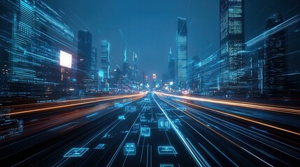 Poster - Futuristic cityscape at night with high rise buildings glowing lights and blurred motion trails creating a dynamic and technologically advanced urban scene