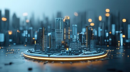 Poster - Futuristic 3D rendered Sci Fi Inspired Cityscape with Intricate Skyscrapers and Glowing Lights at Night  This digital depicts a modern high tech metropolitan area with a striking
