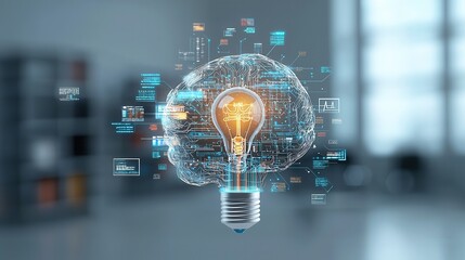 Poster - Sci Fi Inspired AI Powered Brain with Intricate Neural Connections and Glowing Lightbulb Representing Innovation Creativity and Technological Progress