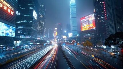 Poster - Futuristic high tech city skyline at night with towering skyscrapers neon billboards and blurred traffic trails creating a dynamic and vibrant urban landscape