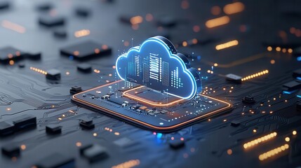Poster - sci fi inspired digital cloud technology concept with futuristic data network and computing innovati