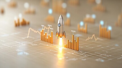 Poster - This sci fi inspired depicts a golden rocket takeoff symbolizing the rapid growth and expansion of a thriving business  The image features data visualizations such as graphs charts