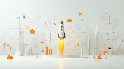 Poster - Sci Fi Inspired Golden Business Expansion with Rocket Launch Symbolizing Futuristic Growth Innovation and Technological Advancement in the Corporate and Financial Sectors