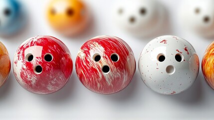 Poster - Row of bowling balls with different colors and patterns. The balls are arranged in a line, with some being red and white, and others being orange and white. Concept of fun and excitement