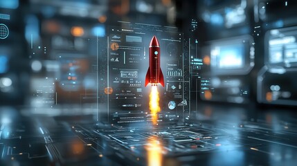 Poster - Sci Fi Rocket Launch Concept with a Gleaming Red Spacecraft Lifting Off in a Futuristic Digital Backdrop Featuring Abstract Technology and Space Elements