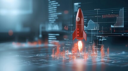 Poster - Sci Fi Startup Success Concept Showcasing a High Tech Rocket Launch Symbolizing Innovation Finance and Digital Transformation in a Futuristic Setting