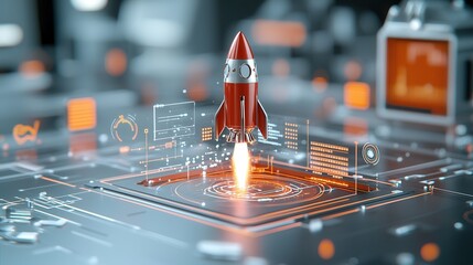 Poster - Futuristic sci fi startup success concept showcasing a high tech rocket launch for a new innovative business venture  The image represents the ambition momentum