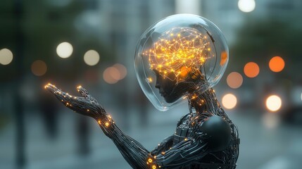 Poster - Futuristic Intelligence Humanoid figure with captivating glowing energy and light set against a mesmerizing cosmic ethereal and surreal digital landscape