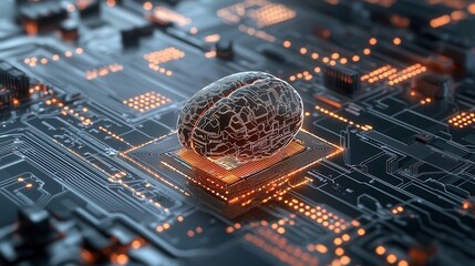 Poster - Futuristic cybernetic brain concept with a glowing circuit board and neural network connections  Representing advancements in transhumanist intelligence and neuroprosthetics