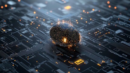 Poster - Futuristic cybernetic concept with an illuminated glowing microchip structure composed of intricate detailed circuit board patterns and digital technology elements  The image suggests a complex