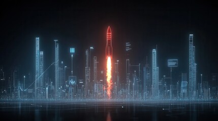 Poster - Sleek and Futuristic Red Rocket Soaring into the Illuminated Night Cityscape with Towering Skyscrapers and Glowing Lights Representing the Future of Technology and Development