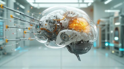 Poster - Futuristic of a steampunk inspired intelligence digital brain with a complex arrangement of gears cogs and mechanical elements showcasing the intricate workings of an advanced cognitive system