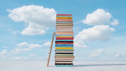 Poster - Surreal and whimsical conceptual image depicting education as a towering stack of colorful books set against a blue sky with fluffy white clouds