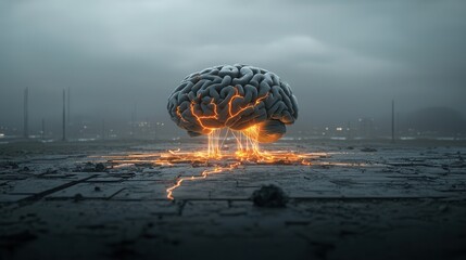 Poster - Surreal digital depicting a hybrid of a brain and a tree with a nuclear explosion in the background symbolizing the explosive fusion of technology nature and the human mind