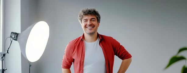 Poster - Man in a red shirt is smiling in front of a light. The light is on and the man is posing for a photo