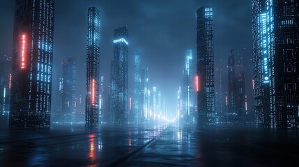 Poster - A breathtaking futuristic cyberpunk inspired cityscape with towering skyscrapers and glowing neon lights reflected in the wet streets at night creating a moody atmospheric and surreal urban landscape