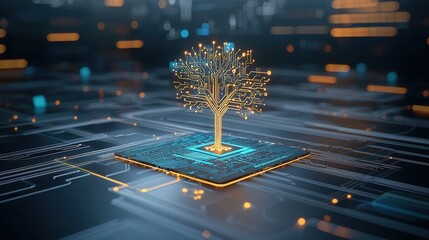 Poster - A striking digital artwork depicting a symbolic cybernetic tree composed of sleek golden circuit board elements representing the fusion of technology and nature