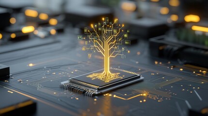 Poster - A symbolic futuristic digital tree composed of sleek golden circuits glowing microprocessors and intricate electronic components representing the convergence of nature and technology