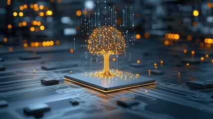 Poster - Futuristic digital technology with a symbolic representation of wisdom and knowledge  Glowing 3D circuits electronics