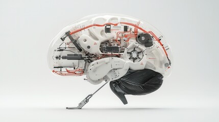 Poster - A detailed and symmetrical depicting a cyberpunk inspired mechanical brain blending organic and technological elements  The brain is composed of complex clockwork gears cogs