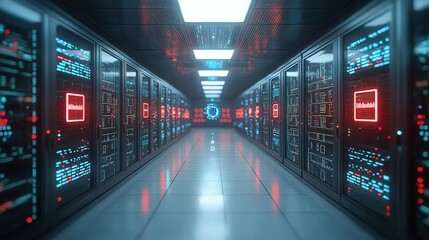 Poster - Technologically Advanced City Bathed in Neon Lights   Futuristic digital architecture with illuminated data servers and network infrastructure in a science fiction setting