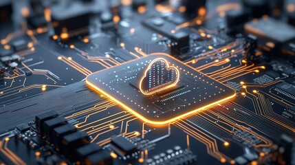 Poster - Ultra modern cloud computing representation featuring a glowing heart shaped chip at the center of a complex circuit board