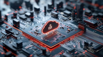 Poster - An abstract and futuristic 3D rendering of a cloud computing representation featuring a highly detailed and intricate circuit board texture with glowing red accents