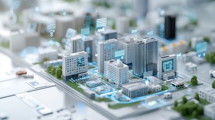 Poster - Sleek and Modern Smart City Model with Futuristic Skyscrapers and Architectural Structures  Aerial view of a miniature cityscape with high rise buildings glass and steel towers and a geometric