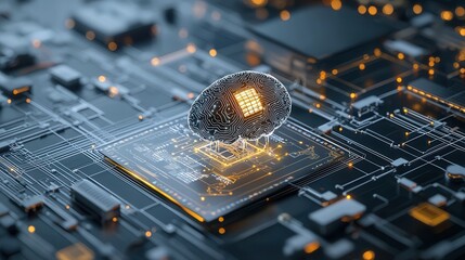 Fototapete - Visionary AI Human Fusion Depicting a Futuristic Microchip Landscape with Glowing Circuits Metallic Textures and Vibrant Colors Representing the Convergence of Technology and Creativity