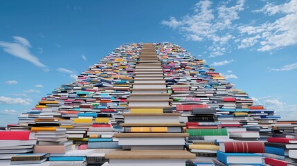 Poster - Whimsical and surreal education themed featuring a towering staircase made of colorful books reaching up towards the sky symbolizing the journey of learning knowledge and personal growth