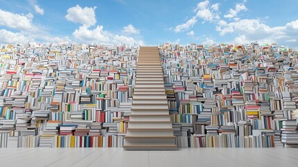 Poster - Whimsical and Surreal Education Themed Depicting a Staircase Made of Books Leading to an Abstract Dreamlike Landscape Symbolizing the Journey of Learning Knowledge and Self Discovery