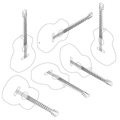 Poster - A series of guitars are shown in different positions, with the top of the guitars showing the neck and the bottom showing the body. The guitars are all lined up in a row