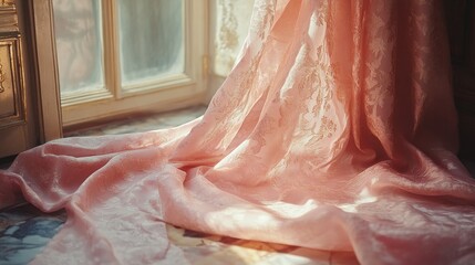 Poster - Soft sunlight spills into a cozy, elegant room, illuminating a beautiful pink lace curtain that gracefully drapes down. The light creates a dreamy atmosphere, enhancing the subtle textures