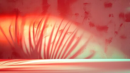 Poster - A red wall with a shadow of a palm tree on it