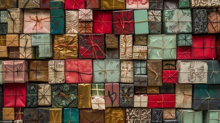 Poster - A wall of wrapped presents tied with twine.