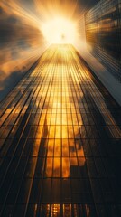 Poster - Golden rays of sunlight illuminate the glass facades of towering skyscrapers, reflecting vibrant colors against the evening sky