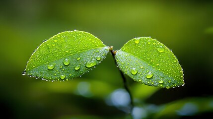Wall Mural -   A close-up of two green leaves with water droplets, against a blurred backdrop of green foliage