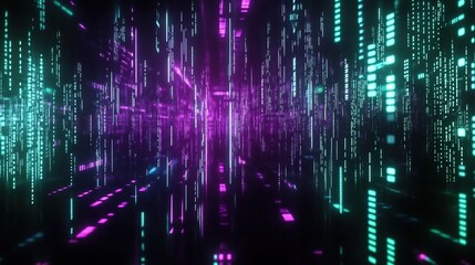 Cinematic digital data and code glowing in the dark, representing advanced technology for computer rendering or futuristic business background with neon light effects, high-tech concept